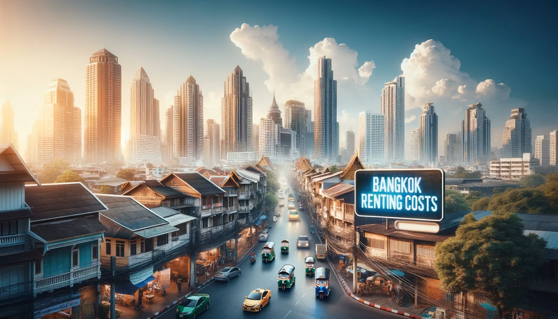 An illustration of a Bangkok street of old shophouses with a Bangkok Renting Costs billboard and the skyline behind