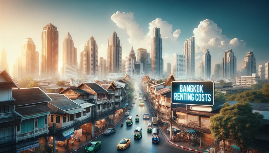 An illustration of a Bangkok street of old shophouses with a Bangkok Renting Costs billboard and the skyline behind
