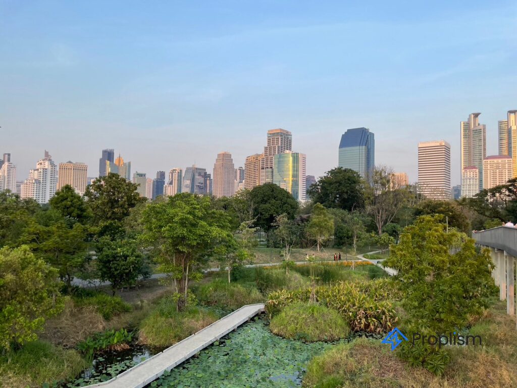 The boardwalk through the wetlands of Benjakitti Forest Park, with city towers behind the trees