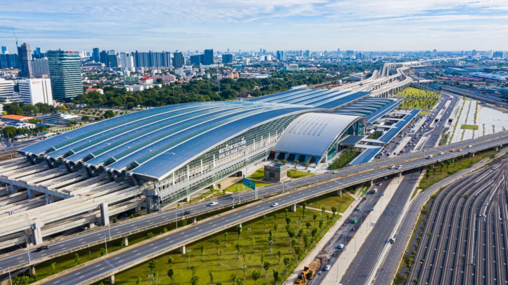 Bang Sue Grand Station, its long blue roof spanning the rail tracks below