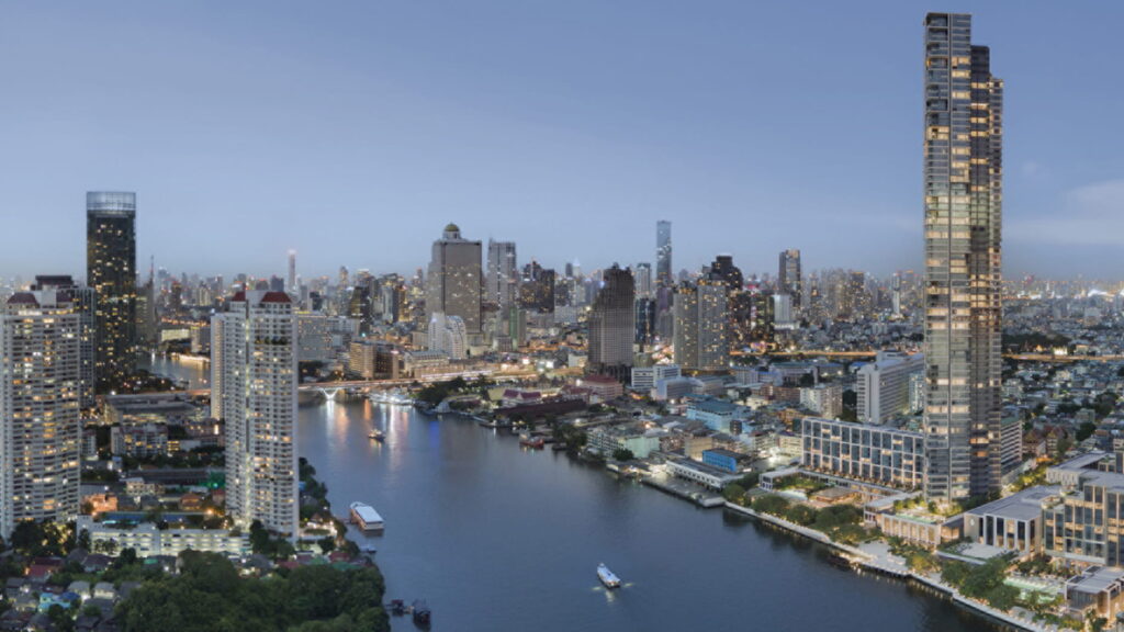 A render of branded residence towers lining the Chao Phraya river