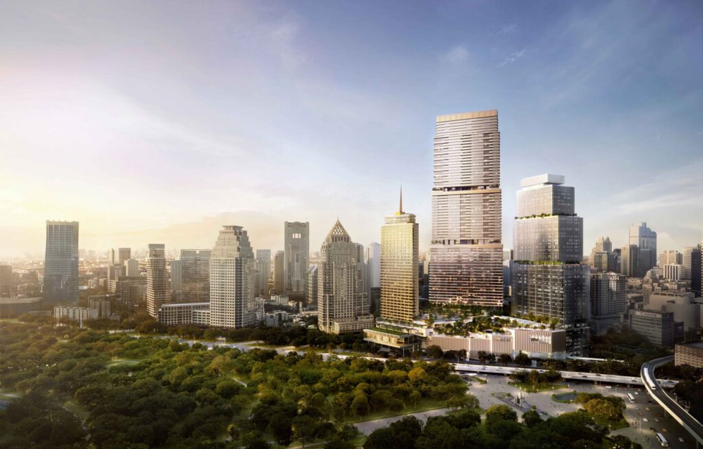 A render of the Dusit Central Park residences rising beside the green expanse of the park