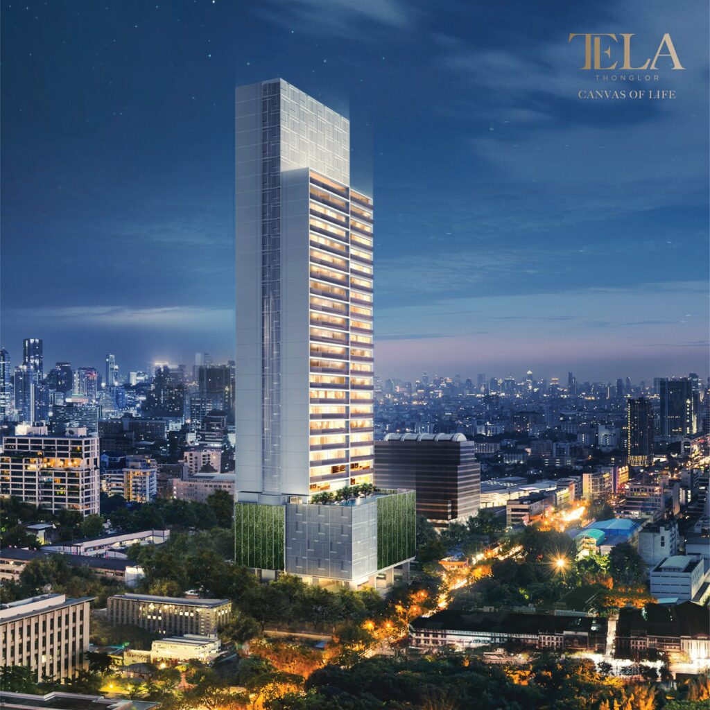 Marketing render of Tela Thonglor tower lit at night above the city