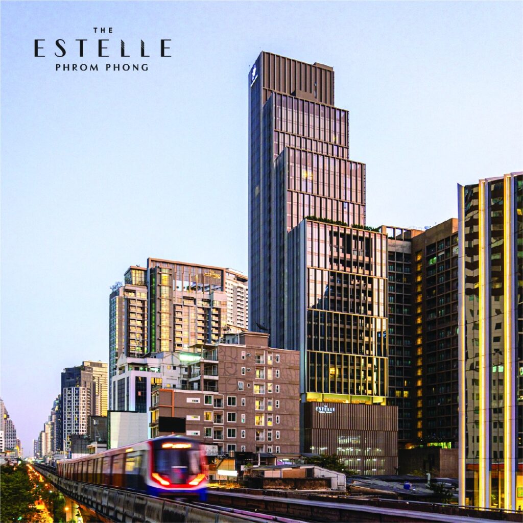 Marketing card for The Estelle Phrom Phong showing the tower above BTS tracks