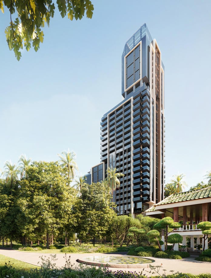 Slender tower seen through green trees from a park, clear blue sky