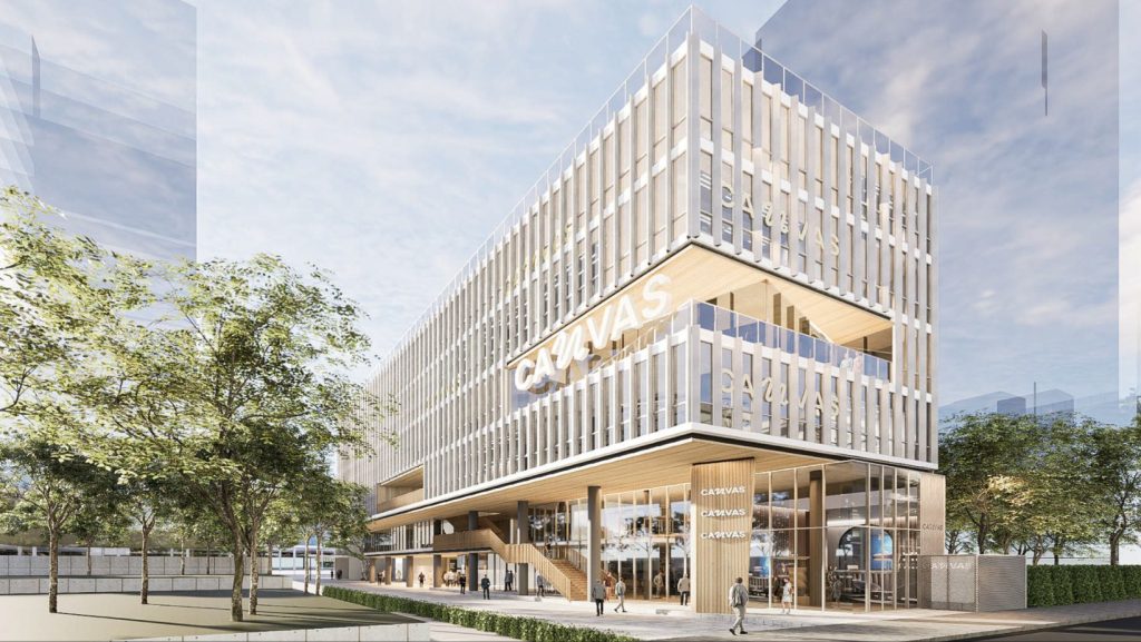 Render of a low white-louvred community mall with shopfronts, trees and pedestrians