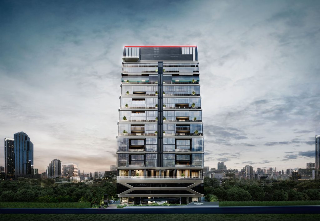 Render of a slender high-rise with stacked glass terraces and a red-lit crown against cloudy sky