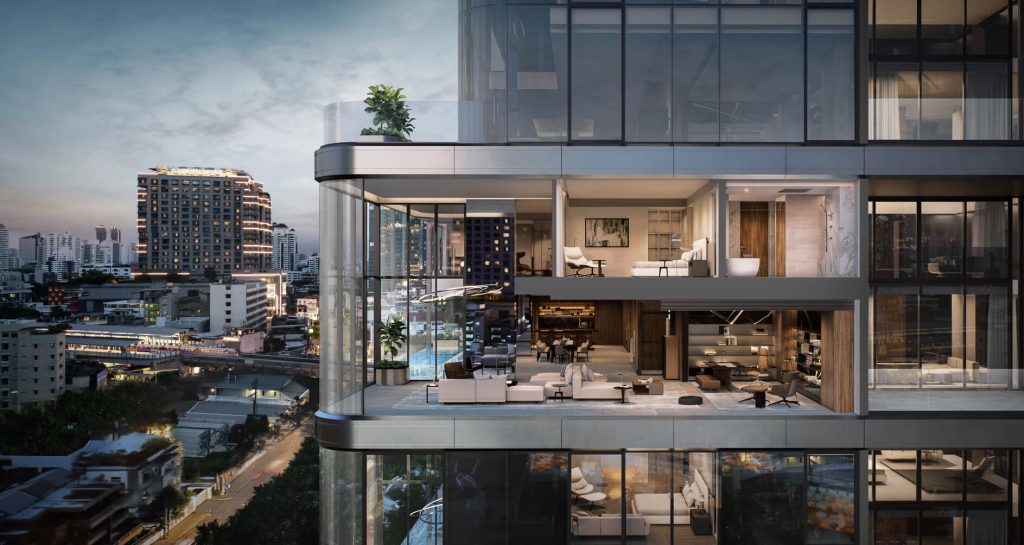 Wider render of a tower's cantilevered glass corner terraces, lit rooms above Bangkok streets at dusk