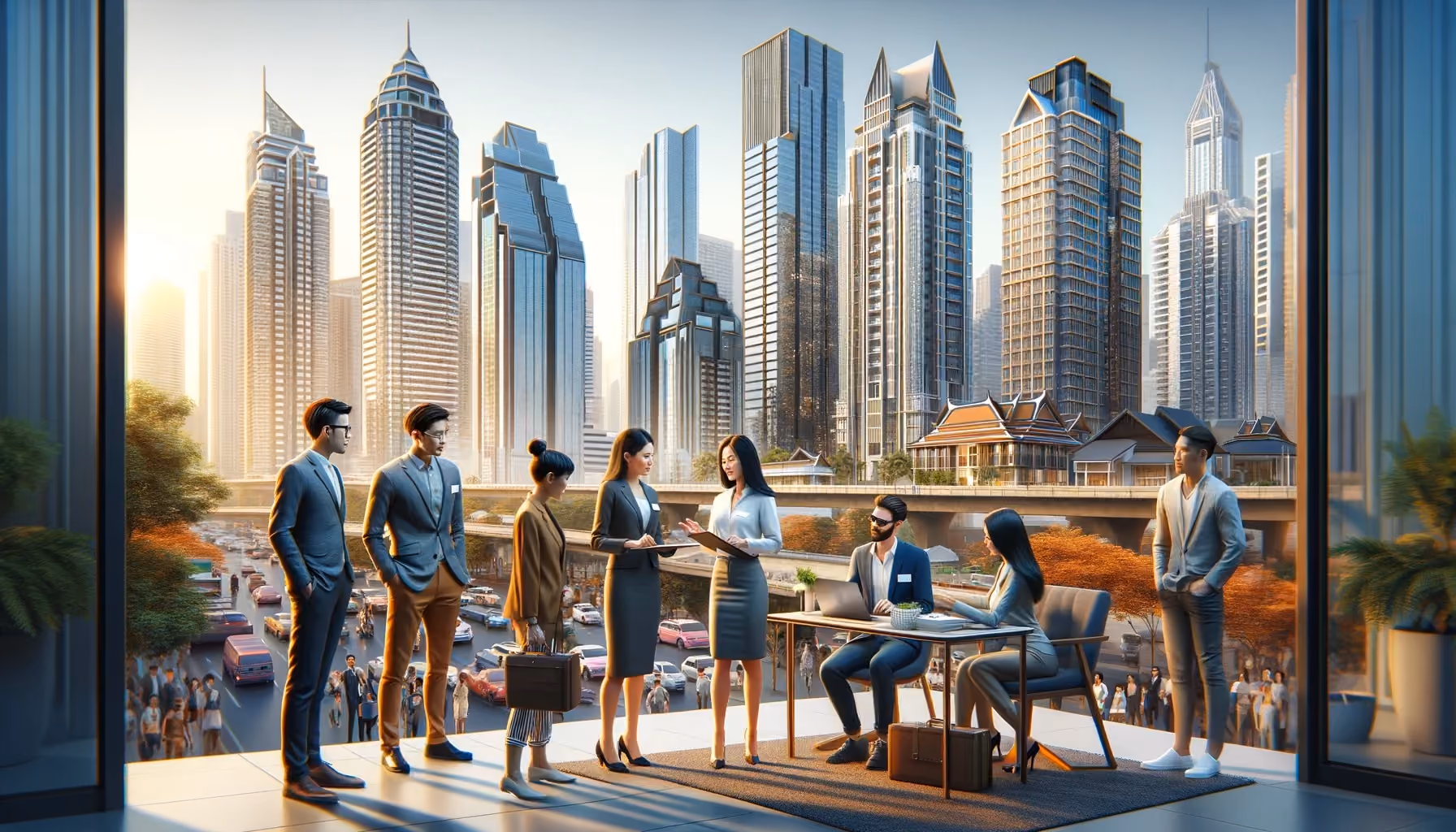Illustration of agents in suits meeting clients on a terrace overlooking Bangkok towers