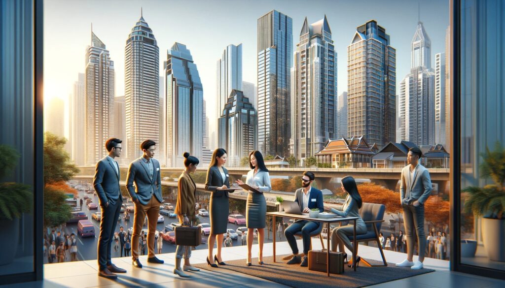 Illustration of agents in suits meeting clients on a terrace overlooking Bangkok towers