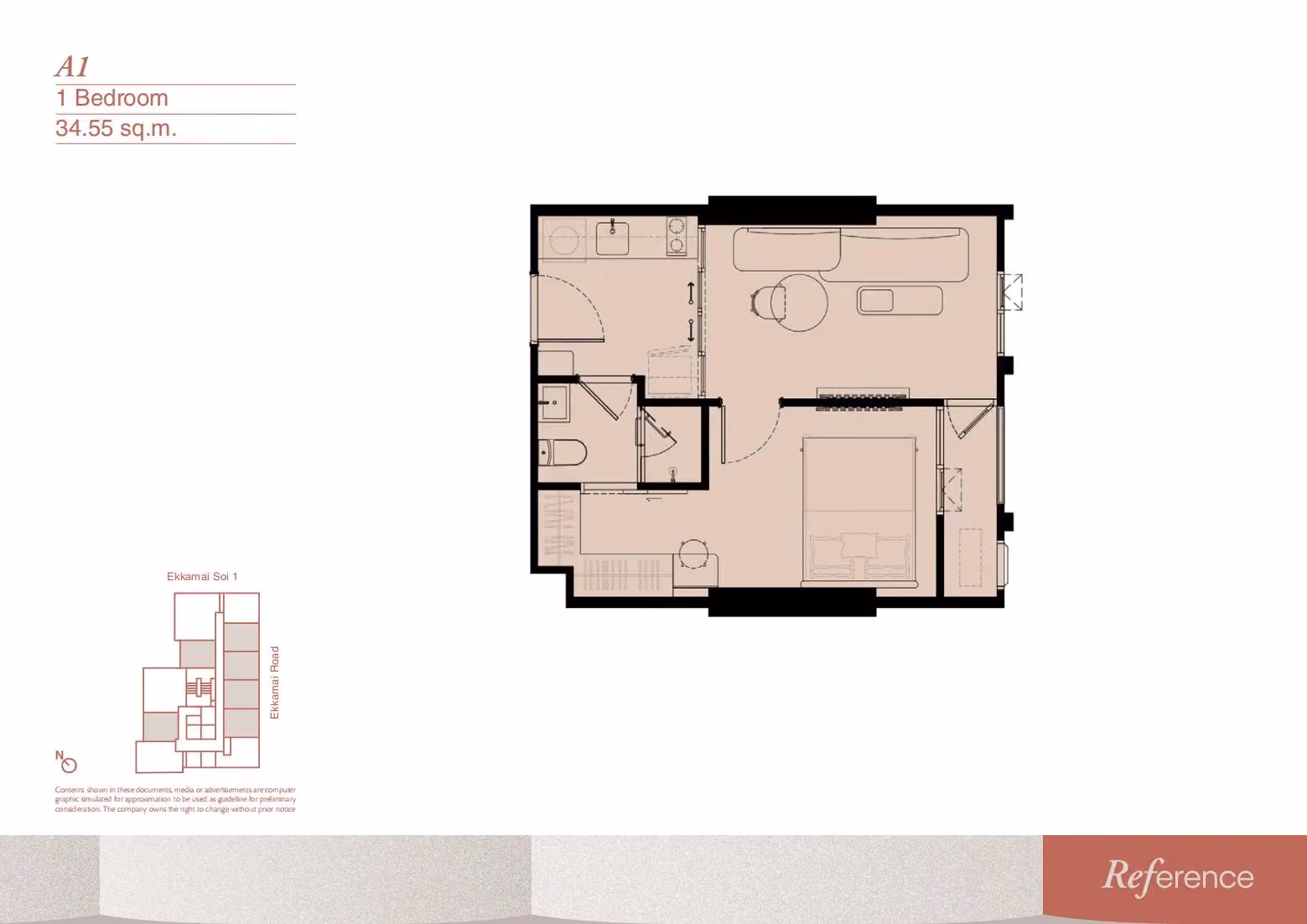 Reference Ekkamai 1 bedroom floor plan, type A1, 34.55 sqm