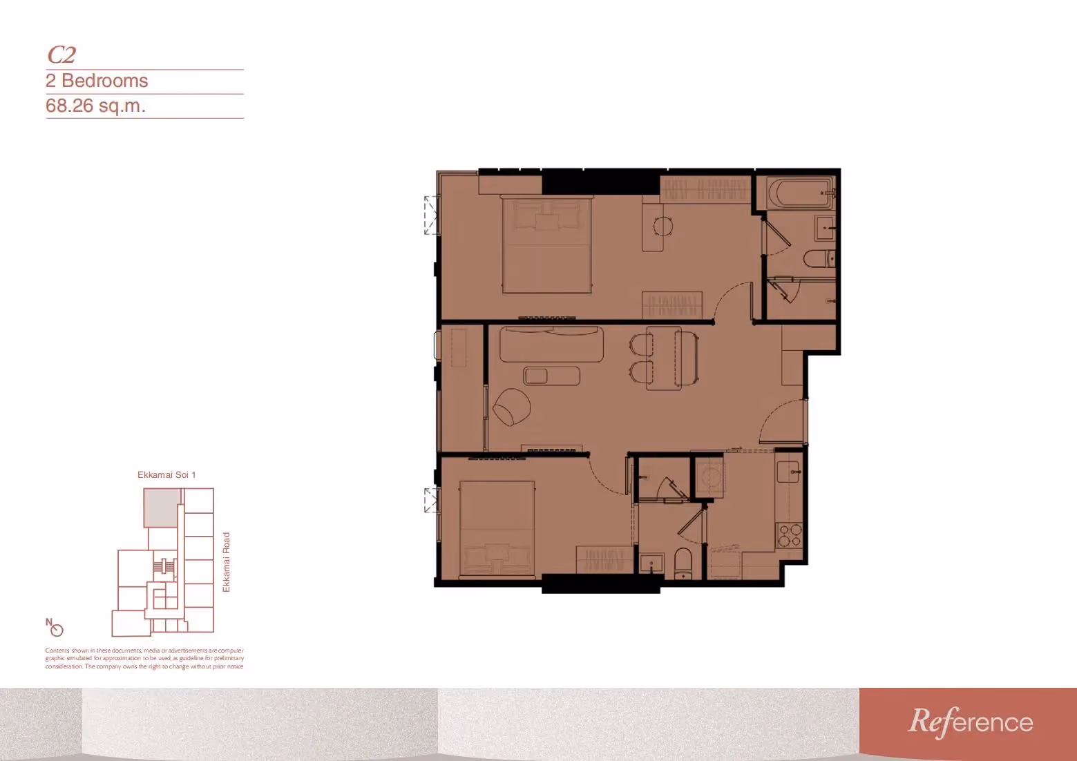 Reference Ekkamai 2 bedroom floor plan, type C2, 68.26 sqm
