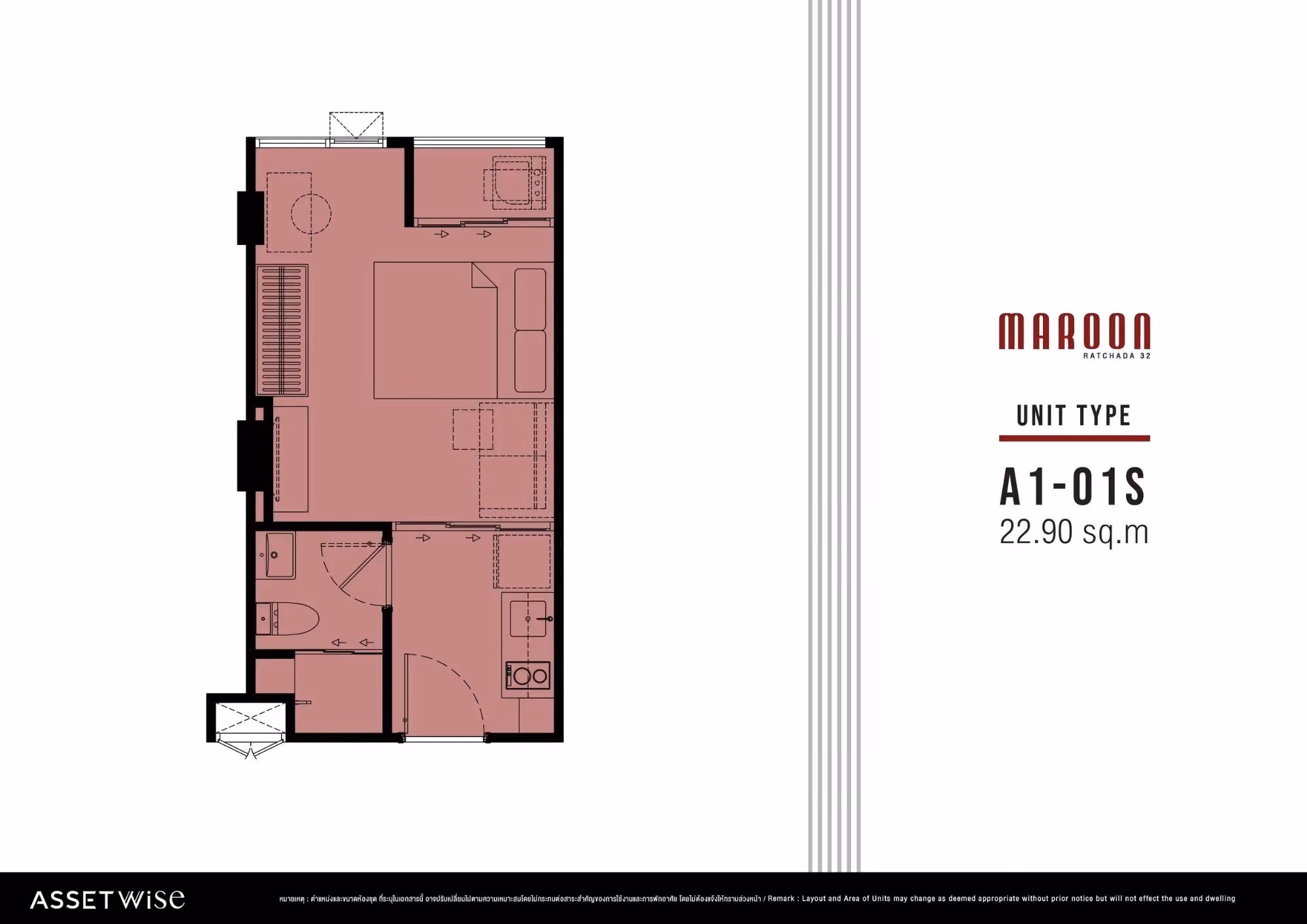 Maroon Ratchada 32 1 bedroom floor plan, 22.9 sqm