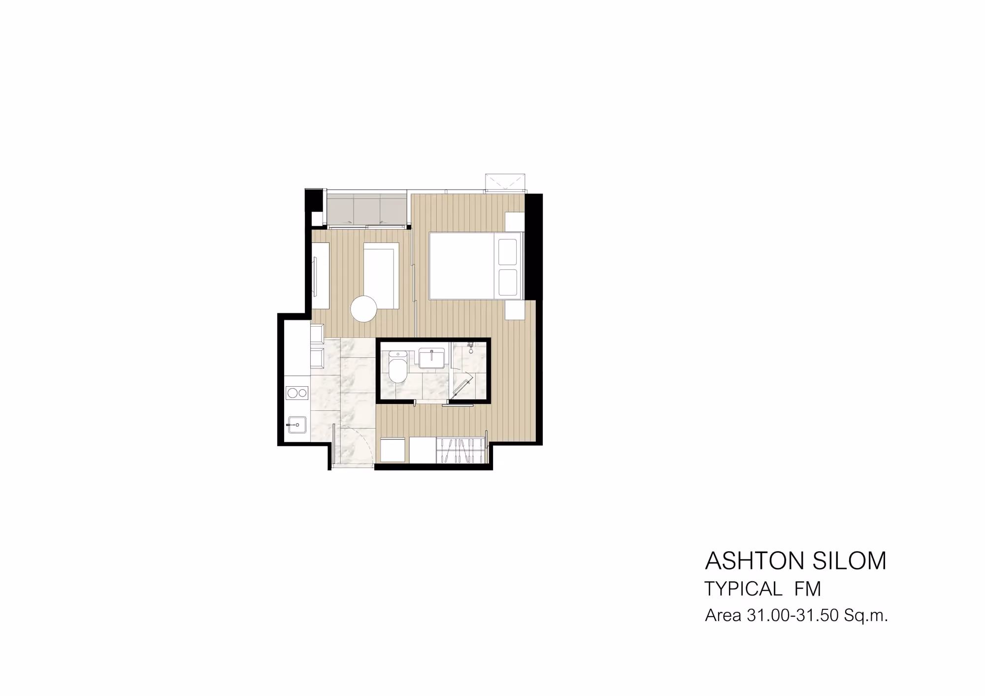 Ashton Silom 1 bedroom floor plan, Typical FM, 31 sqm