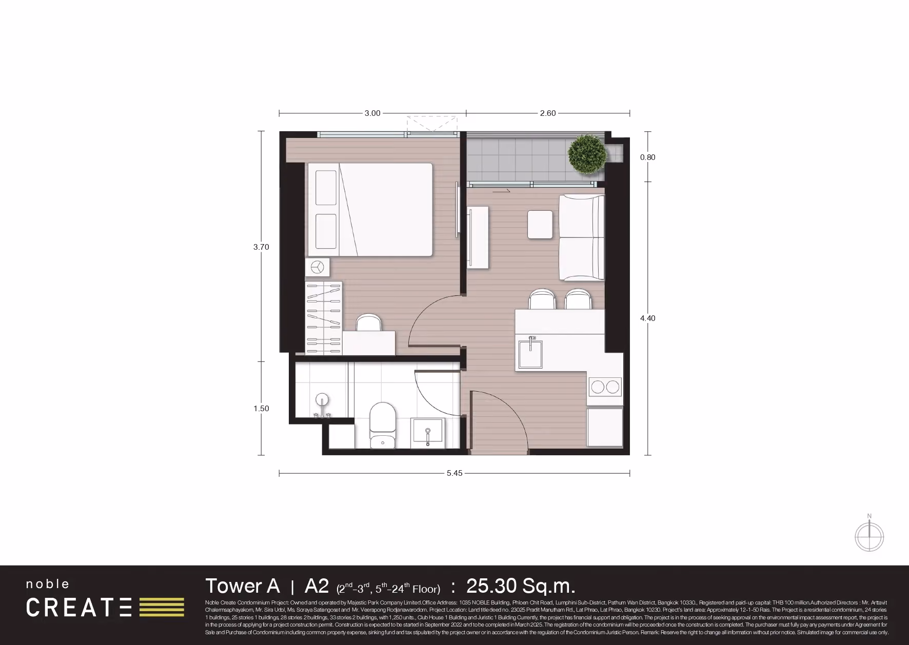 Noble Create 1 bedroom floor plan, 25.30 sqm