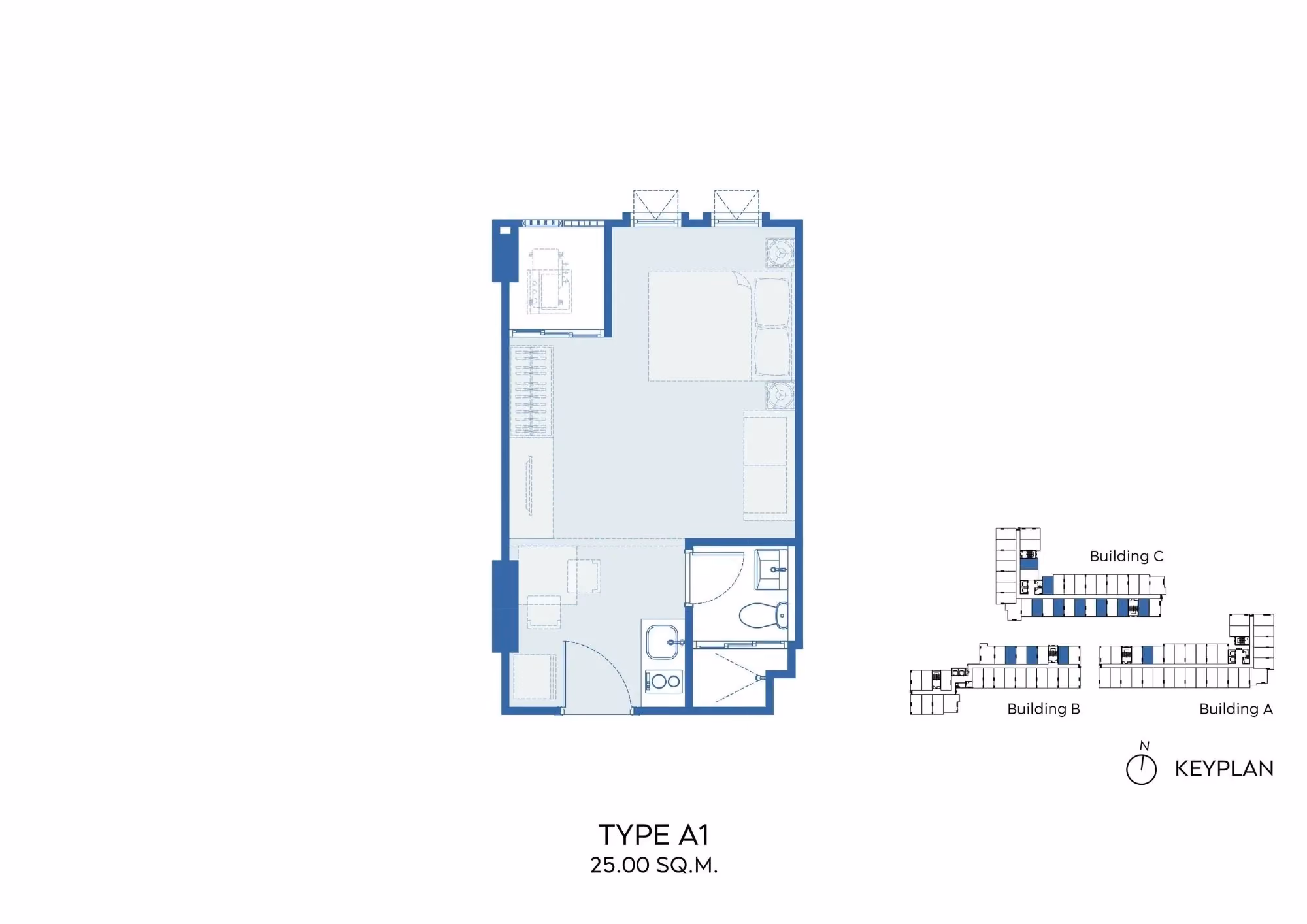 Aspire Ratchayothin studio floor plan, 25 sqm, type A1