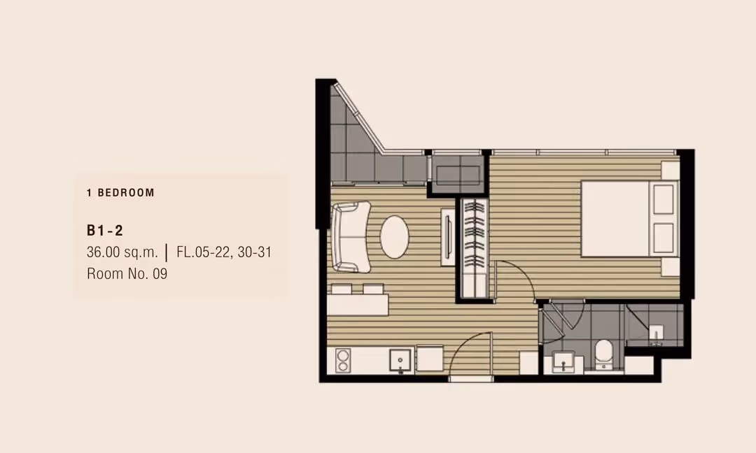 COCO Parc 1 bedroom floor plan, 36 sqm