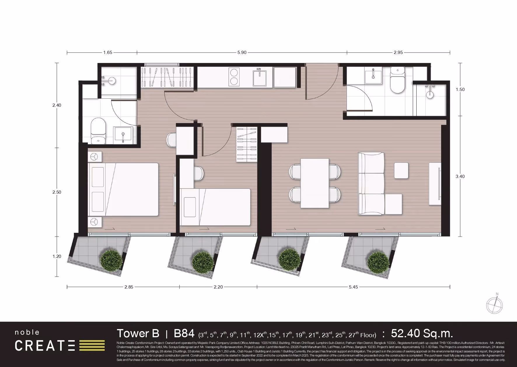 Noble Create 2 bedroom floor plan, 52.40 sqm