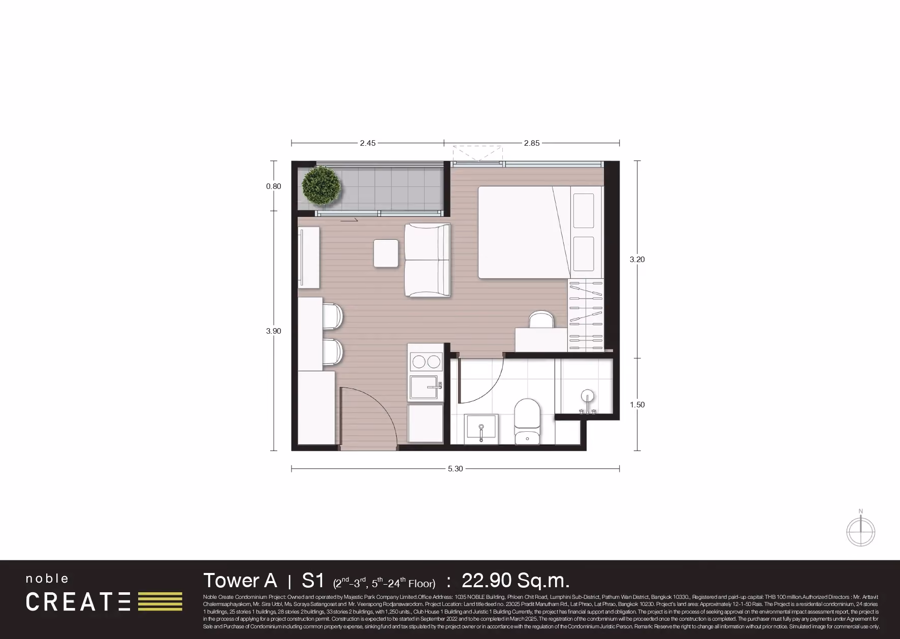 Noble Create studio floor plan, 22.90 sqm