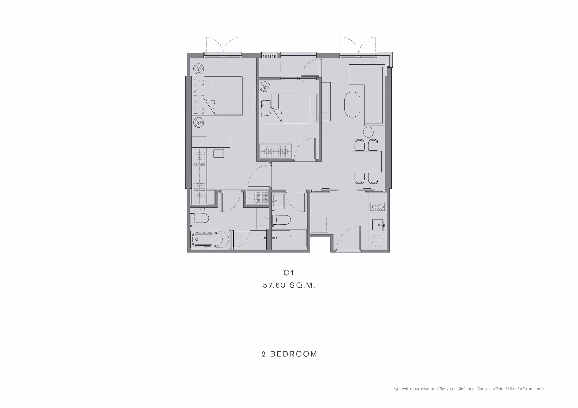 Chapter Thonglor 25 2 bedroom floor plan, type C1, 57.63 sqm