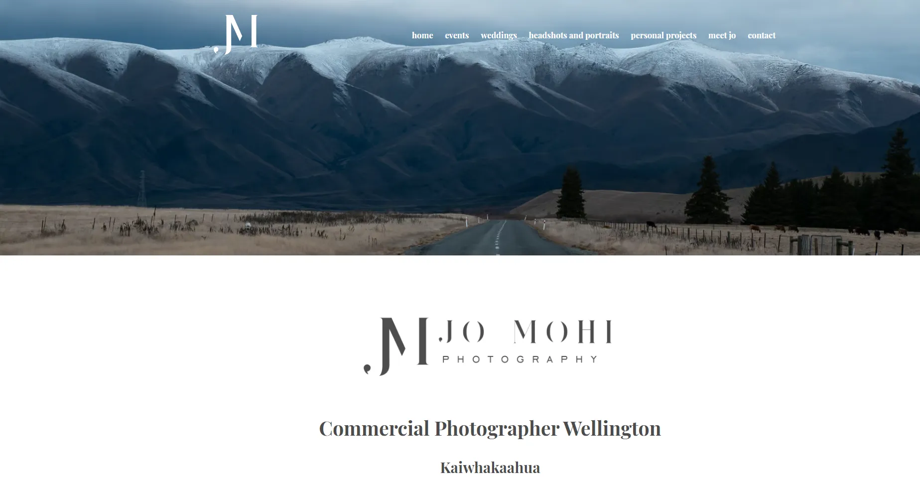 Jo Mohi Photography website homepage featuring a road leading toward snow-covered mountains.