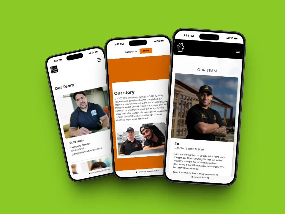 TT Building and Construction team pages displayed across three mobile phone screens.