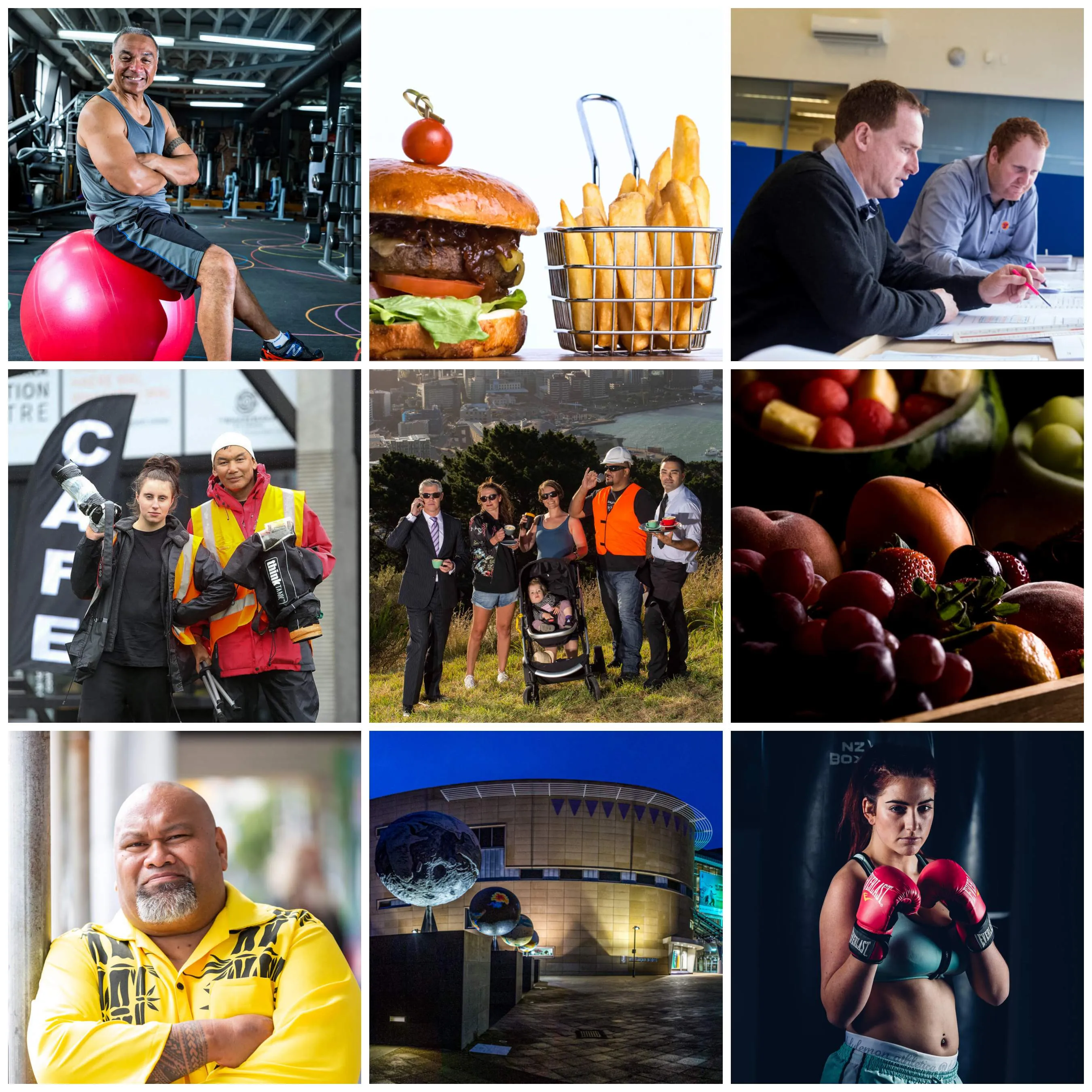 Nine-image collage featuring portraits, food, business, sport and Wellington photography.