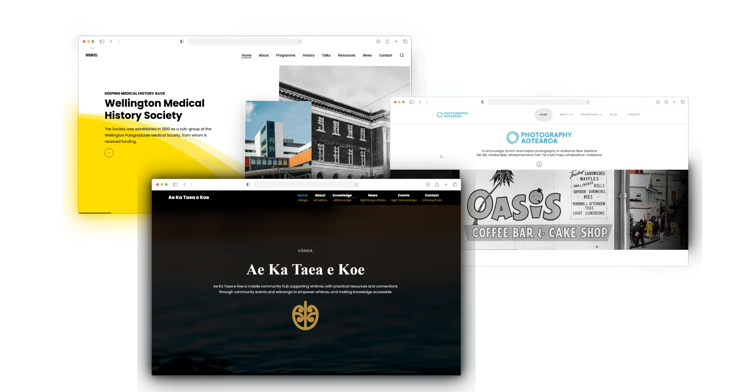 Website portfolio montage featuring Wellington Medical Historical Society, Orthopaedic Surgeons, Ae Kā Taea e Koe and Oasis Coffee.