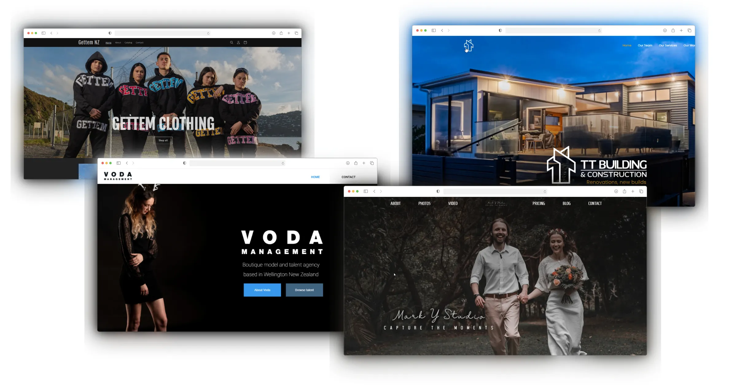 Website portfolio montage featuring Gettem Clothing, TT Building and Construction, Voda Management and Mark Y Studio.