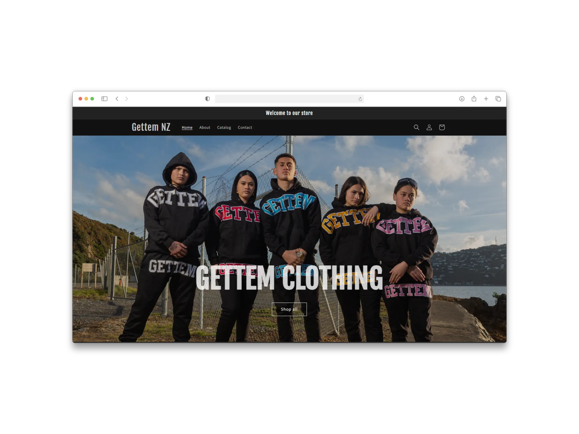 Gettem Clothing website homepage shown in a browser frame.