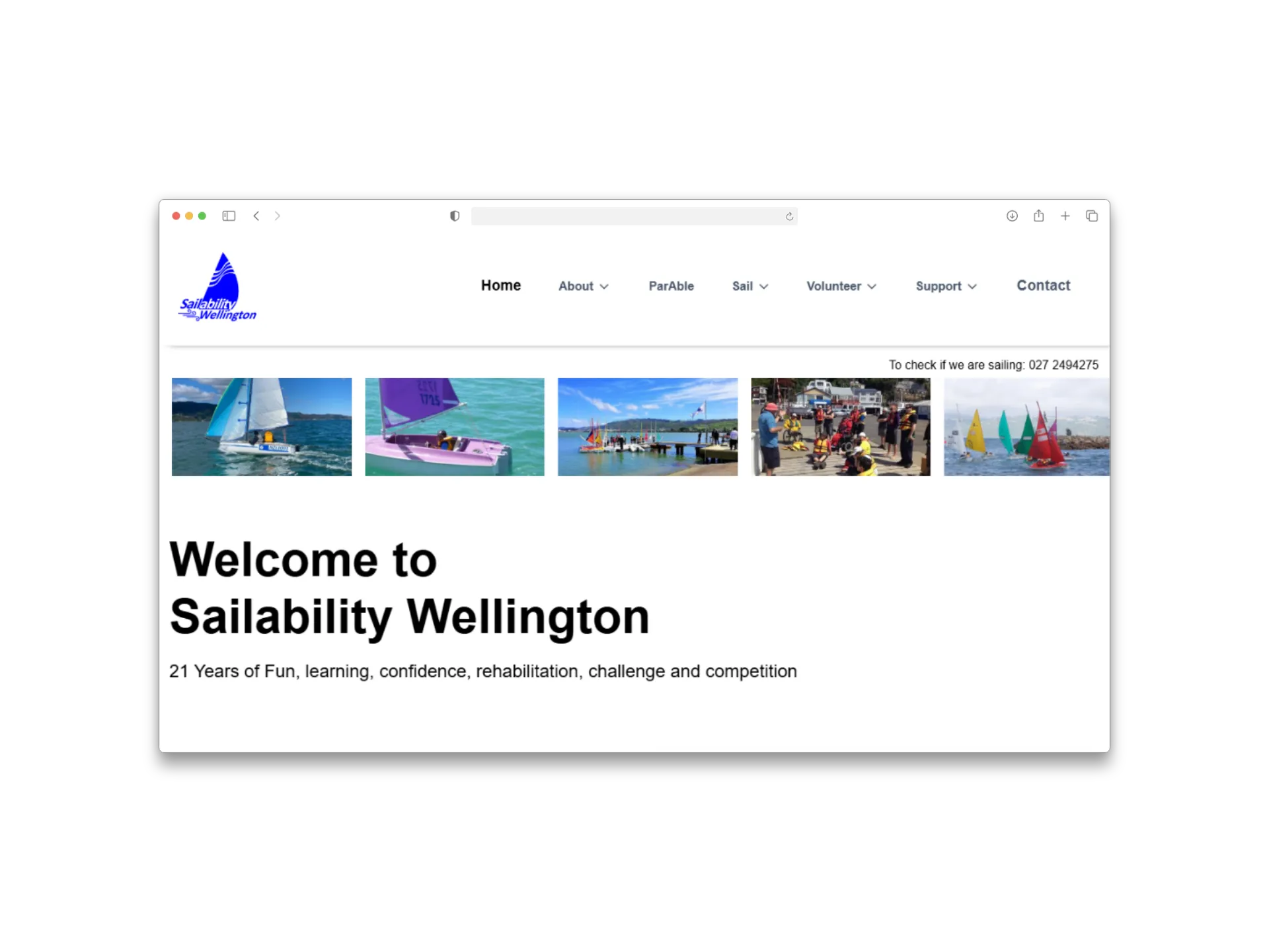 Sailability Wellington website homepage shown in a browser frame.