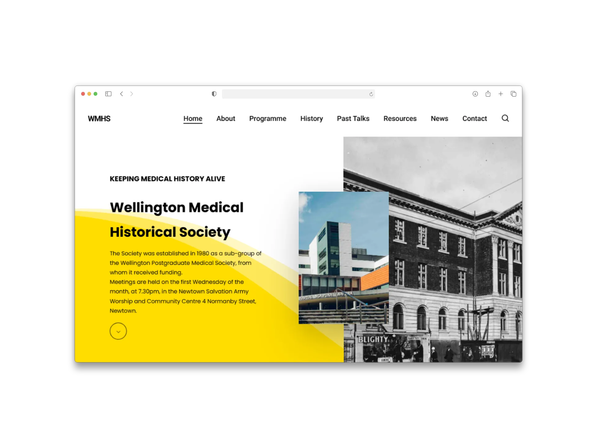 Wellington Medical Historical Society website homepage shown in a browser frame.