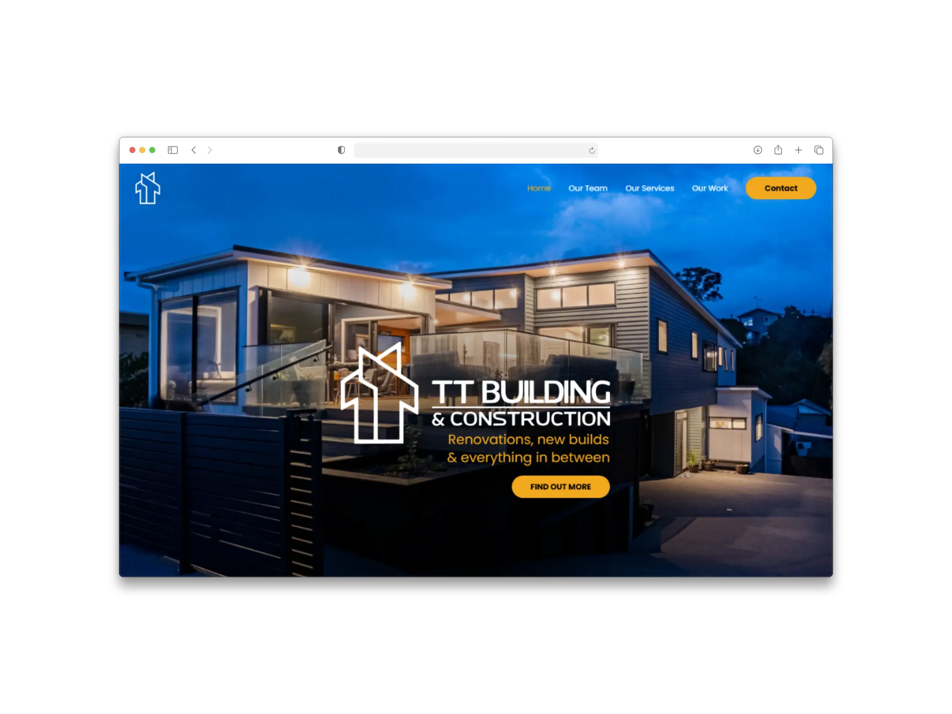 TT Building & Construction website homepage shown in a browser frame.