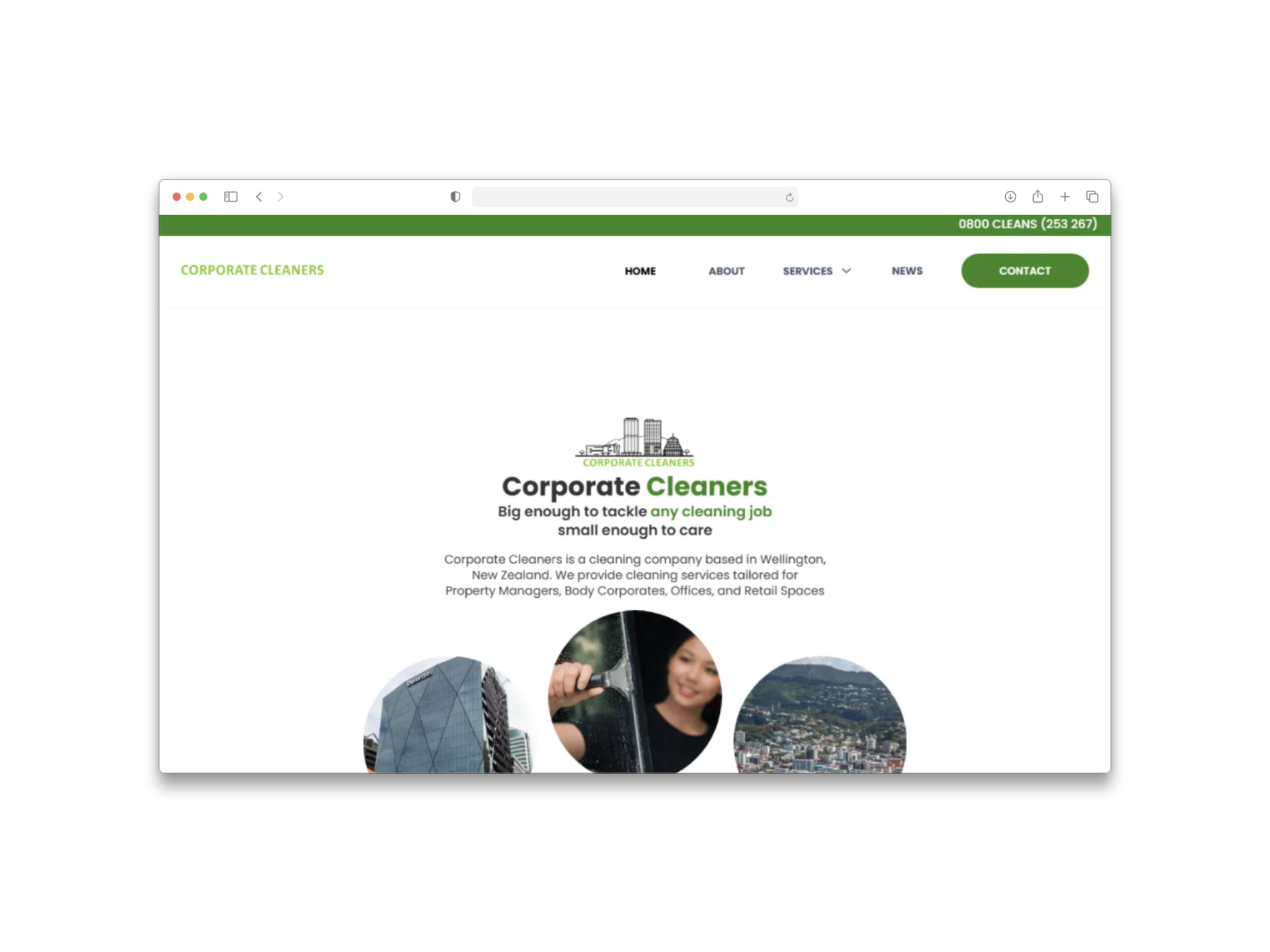 Corporate Cleaners website homepage shown in a browser frame.