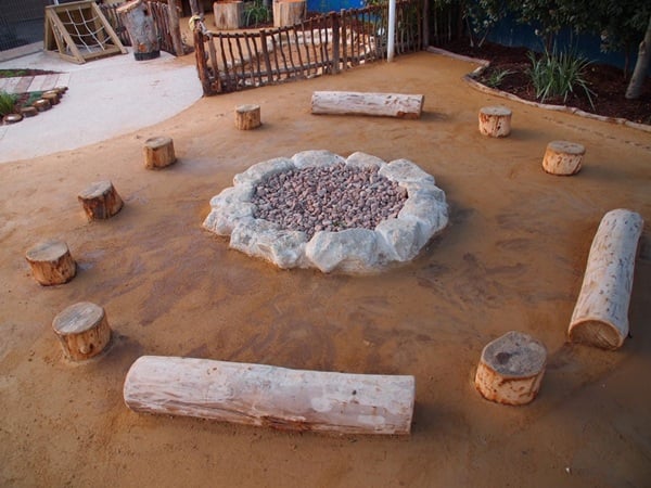 Outdoor fire pit with circular stone border surrounded by cut wooden logs on sandy ground.