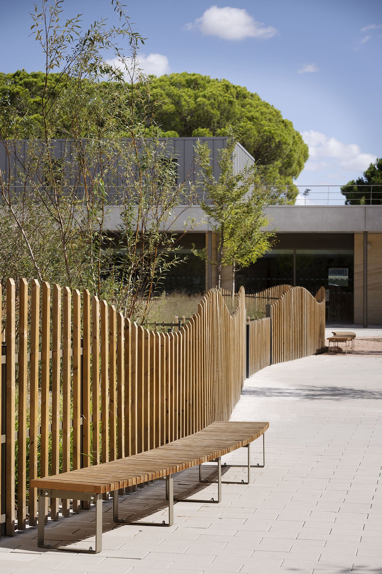 Curved wooden bench along a wavy wooden fence with trees and modern building in background.