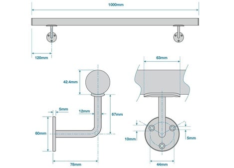 Technical drawing of a handrail bracket with detailed measurements in millimeters.