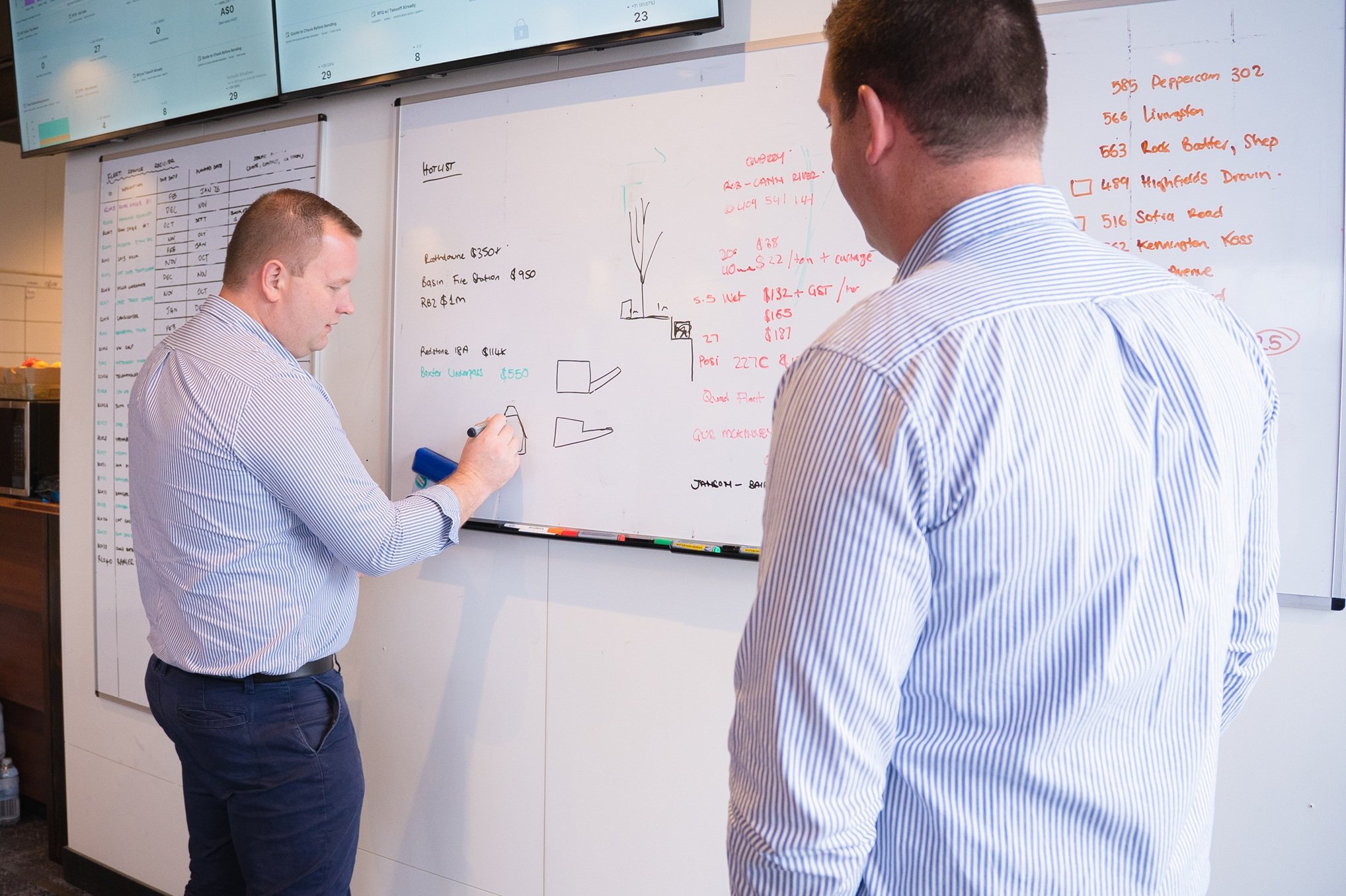 Two men in striped shirts brainstorming and drawing diagrams on a whiteboard with notes and charts.