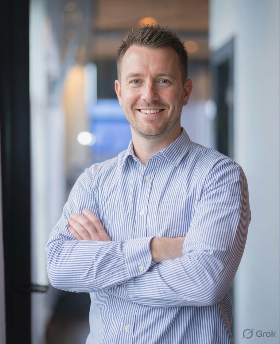 Smiling man in a striped button-up shirt standing with arms crossed in a modern office corridor.