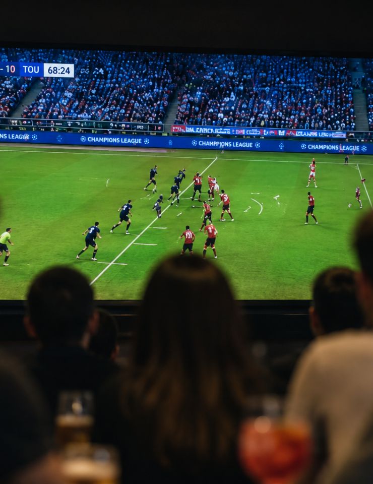 Match de football diffusé sur grand écran, spectateurs de dos avec boissons au premier plan