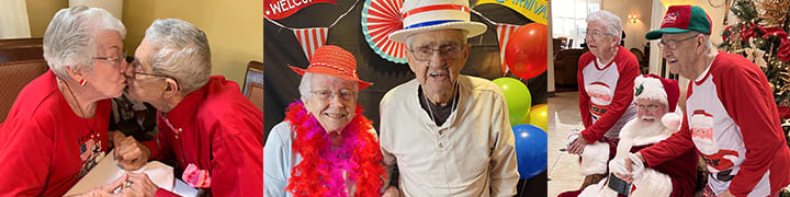 Three picture collage of Gayle and Leonard Shults enjoying life at Wesley Gardens
