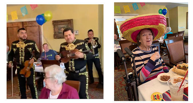 Cinco De Mayo pictures; mariachi band and female resident wearing colorful Mexican hat