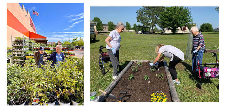 Garden Club pictures, two people purchasing flowers at home depot and three ladies planting a flower bed