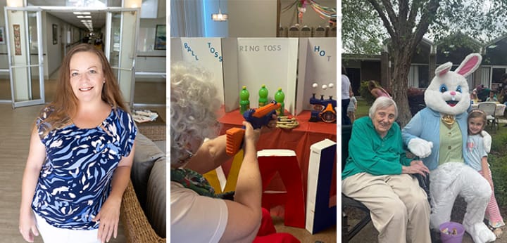 Three images, one of Autumn Dampier the life enrichment director, one of a resident shooting a toy rifle at a target, and one of a resident and child with the Easter Bunny