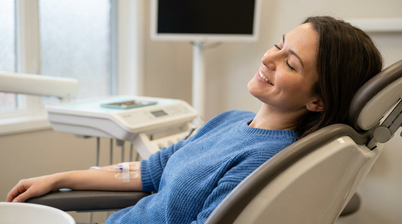 Photorealistic close-up of Erin, relaxing in a dental chair with an IV drip visible in her arm, eyes gently closed, serene expression.
