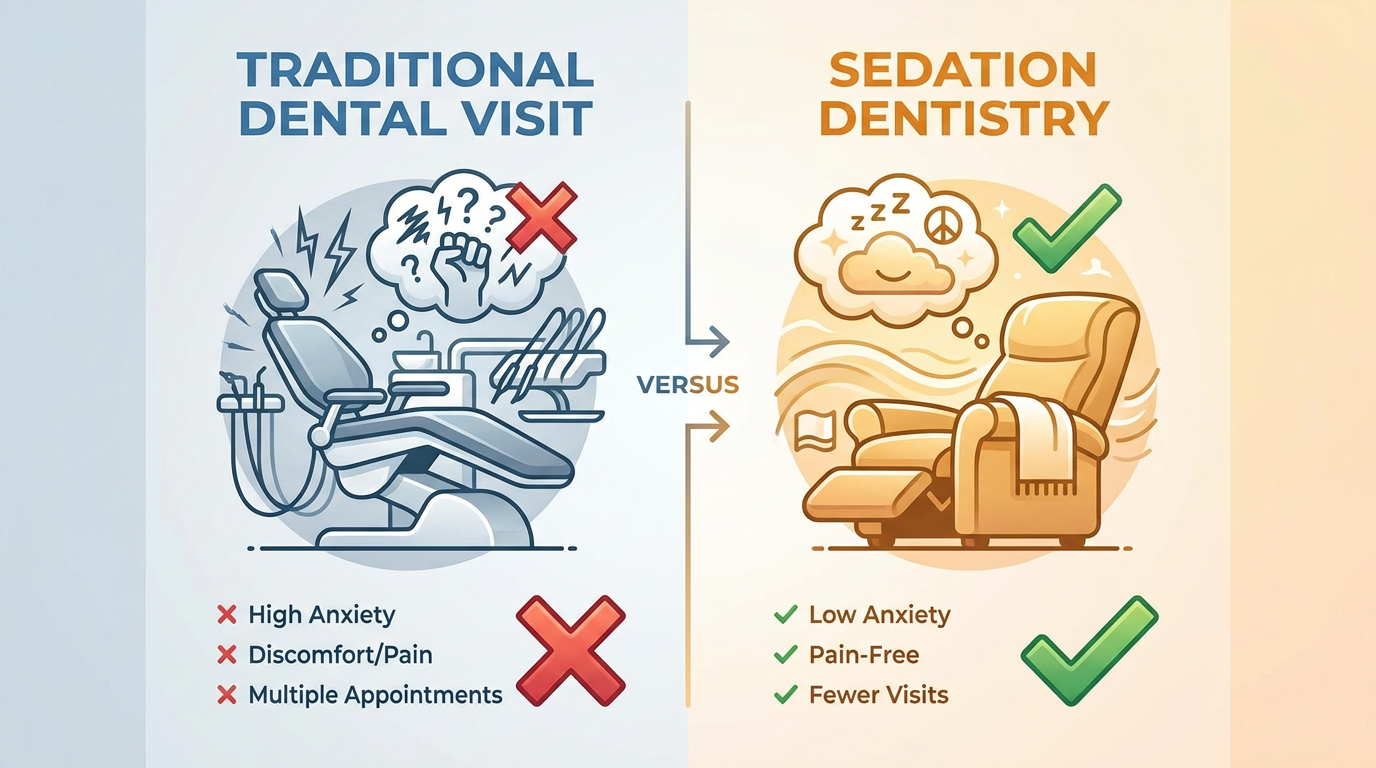 Minimal-text infographic visual comparing "Traditional Dental Visit" (image of cringing patient) versus "Sedation Dentistry" (image of relaxed patient), with simple checkmarks for benefits.