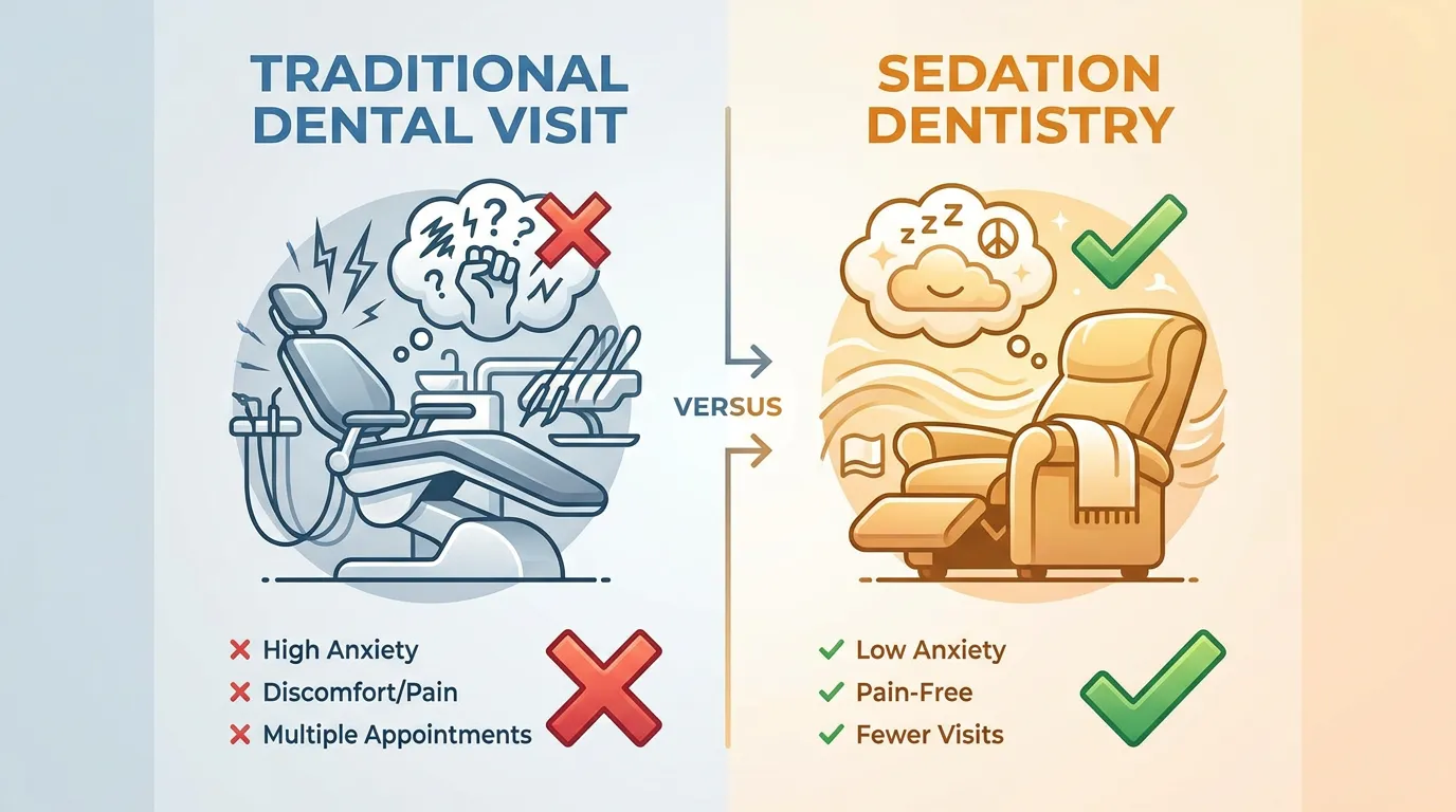 Minimal-text infographic visual comparing "Traditional Dental Visit" (image of cringing patient) versus "Sedation Dentistry" (image of relaxed patient), with simple checkmarks for benefits.