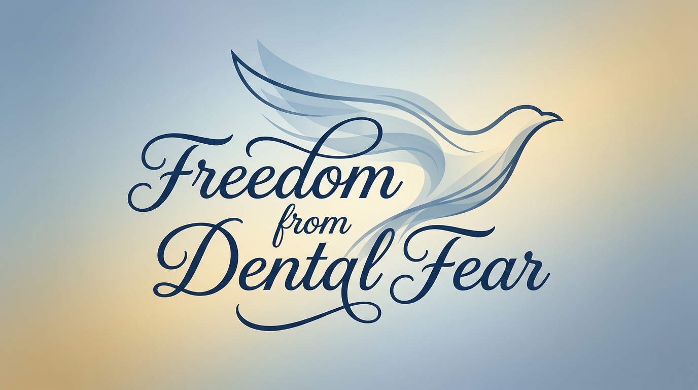 One-phrase callout visual: "Freedom from Dental Fear" in elegant typography, with a subtle, abstract representation of a soaring bird or open space in the background.