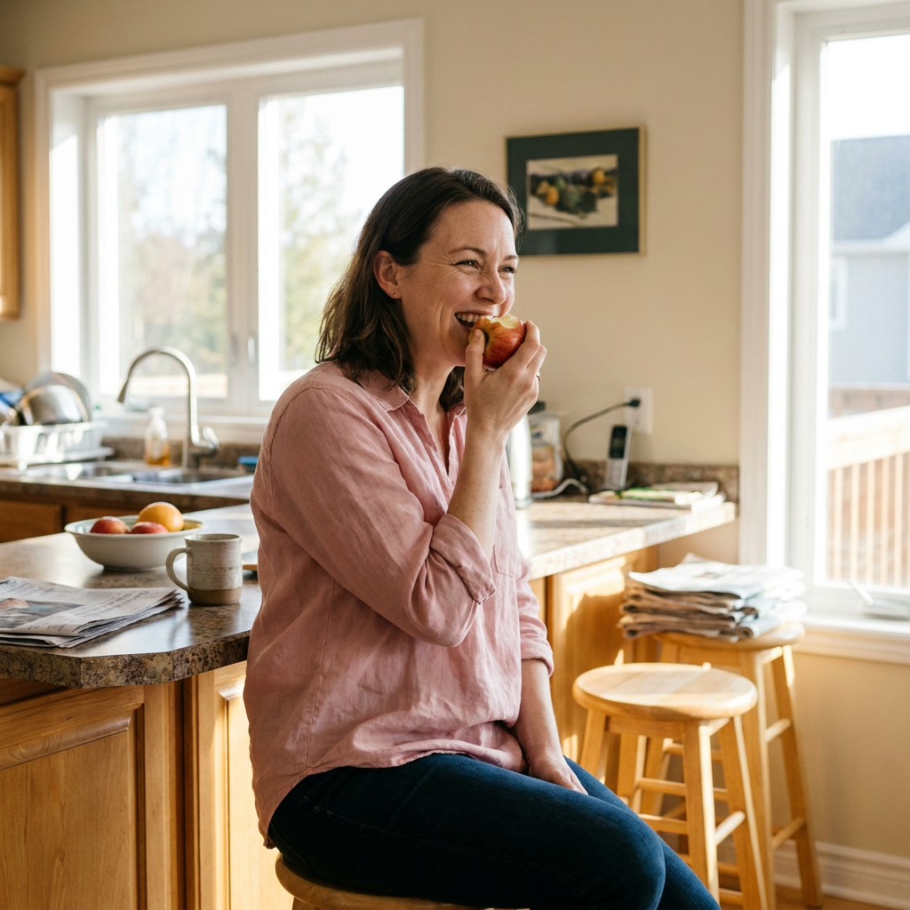 Erin, in a soft pink blouse, bites into an apple at her kitchen island, looking relieved.