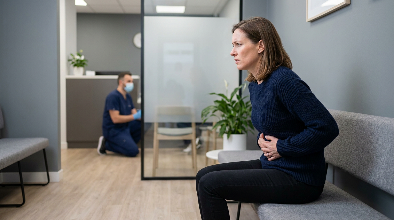 Photorealistic side profile of Erin, sitting in a dental waiting room, looking visibly anxious, hand pressed to her stomach.